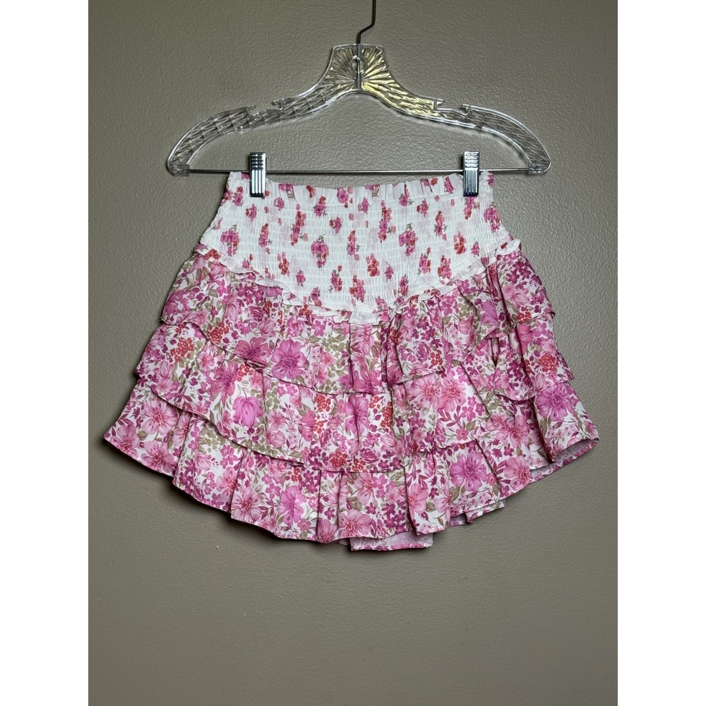 2 Altar'd State Ruffled Mini Skirts XS White Eyelet Pink Floral Smocked Waist